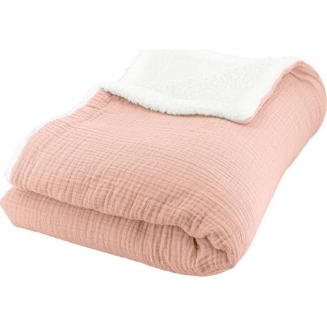 Plaid - COTE DECO - Polaire et Gaze de Coton - 130x170 cm - Rose Pêche - Hypoallergénique (1/5)