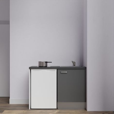 Kitchenette K08L-PT - 120 cm avec plan de travail et évier - emplacement frigo - Façade Gris - Plan Noir texturé - Evier Inox - Crédences Non