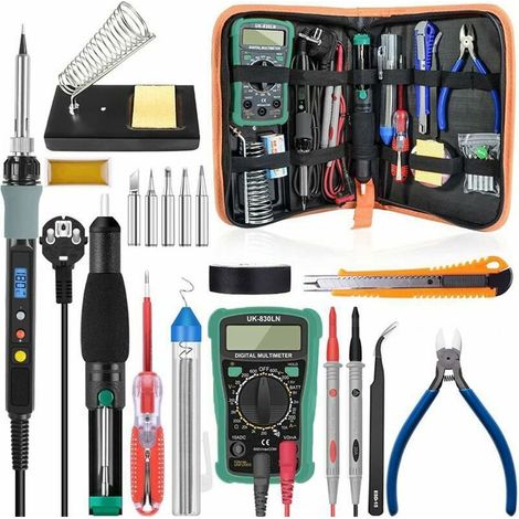 Fers À Souder 18 Pièces Ensemble De Fer À Souder, 60w Kit De Fer À Souder Électrique Avec 5 Pointes, Température Réglable, Multimètre Numérique, Support, Fil À Souder, Pompe À Dessouder (1/5)