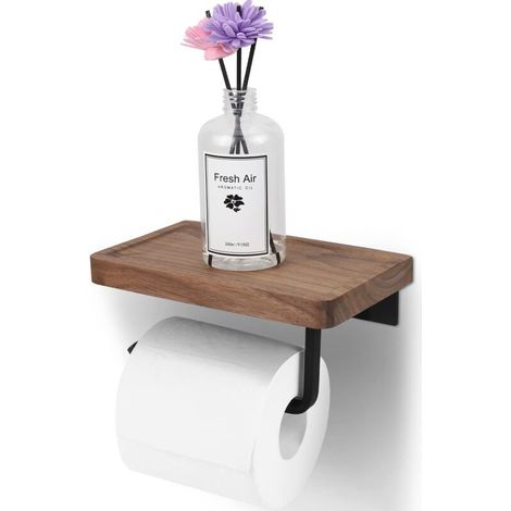 Toilet paper holder with concave shelf and wall mount for wooden shelf (self-adhesive or drillable) - for kitchen and bathroom (1/5)