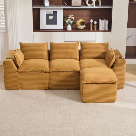 Modulares 3-Sitzer-Sofa + Fußhocker, inklusive Kissen, Getränkehalter und 2 Seitentaschen. Mit einer Füllung aus Schaumstoff und Federkern. Ideal für Wohnzimmer(orangefarbener Cordstoff)