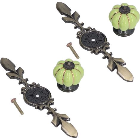 Ensemble de 2 boutons de tiroir en forme de citrouille peints à la main, poignée d'armoire en céramique de Style pastoral chinois (1045A vert pomme) (1/5)