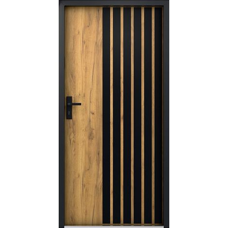 Porta d'ingresso piena in Acciaio H207 x L100 cm effetto rovere con righe nere - spessore 68 mm - apertura verso destra - COBRITA (1/4)