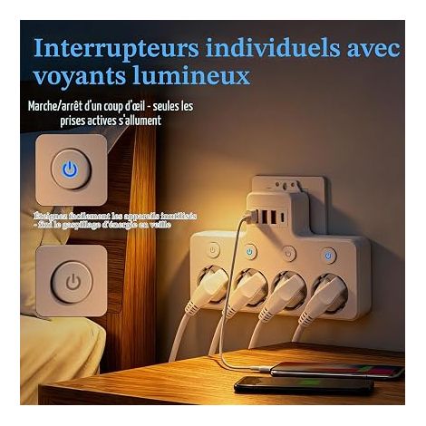4 Way Power Strip with USB-C and 3 USB-A, Single Switch with Indicator Light, Child Protection and Surge Protection for Office, Home, Kitchen, Travel (1/3)