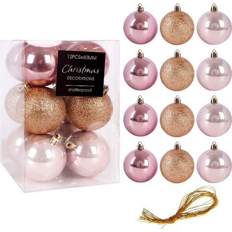Juego de 12 bolas de arbol de navidad rosas irrompibles purpurina y mate