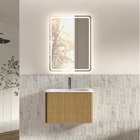 Mobile bagno con specchio LED 60 x 80 cm, lavabo 60 cm, sospeso, rovere DESVIAE (1/5)