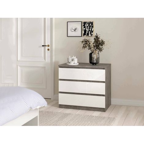 Dmora - Cassettiera Artic, Settimino multiuso, Comò camera da letto, Mobile con cassetti, 77x50 h70 cm, Cemento e Bianco lucido