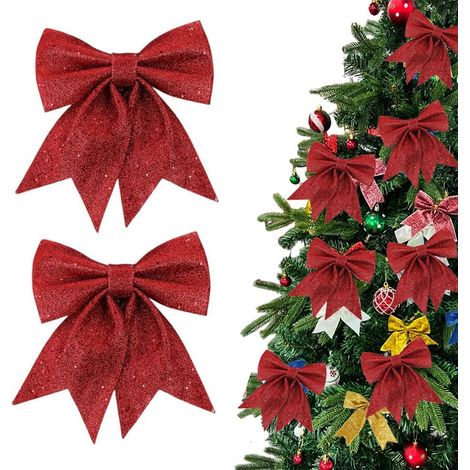 Lot de 2 Arcs de Noël Pailletés, Grand Noeuds de Noël, Noeuds Pailletés pour Couronnes, Guirlandes, Sapins, et Décorations de Noël, Gros Noeud Rouge Noël (Rouge) (1/5)