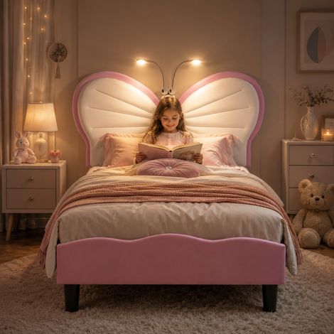 Lit simple 90x190 cm pour enfant, Lit 1 place avec sommier, Tête de lit capitonnée avec lampe de lecture, Hauteur réglable, velours+cuir, rose (1/5)