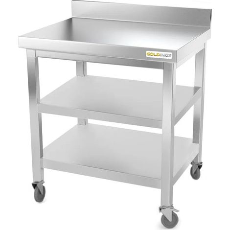 Table de travail en inox 700 x 700 mm adossée avec 2 étagères sur roulettes PREMIUM - GOLDINOX (1/4)