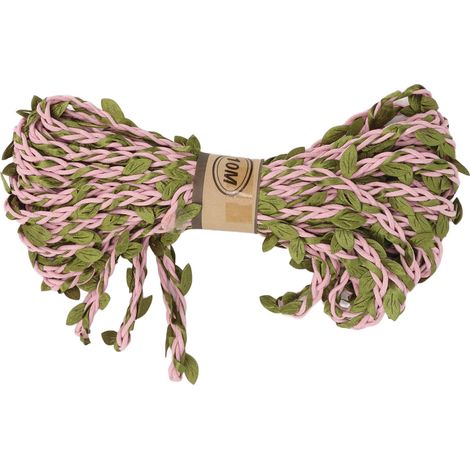 rouleau de 10 m de corde de chanvre à feuilles vertes, lavable et résistante au soleil, pour la création de couronnes décoratives en chanvre à plusieurs brins, style jungle, rose. (1/5)