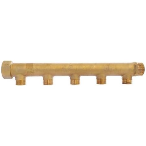 Collecteur en laiton 5 départs Mâle 15/21, Entrée Femelle 20/27, Sortie Mâle 20/27, idéal pour installations sanitaires et chauffage, pression 10 bar, température max 90°C