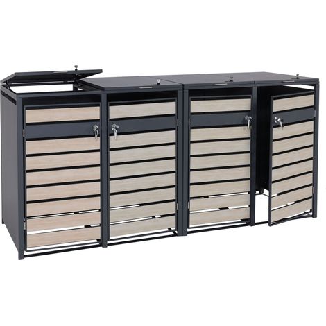 4er Mülltonnenverkleidung HHG-352, Mülltonnenbox, erweiterbar, Metall 100kg, anthrazit Buche-Holzoptik hellbraun