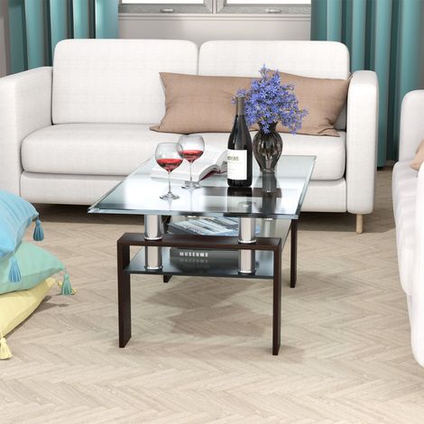 Table Basse en Verre Design avec Etagère Plateau en Verre Trempé Tube en Acier Inoxydable Pied en Acier 99x60x44,5CM Jusqu’à 130KG Brun (1/5)