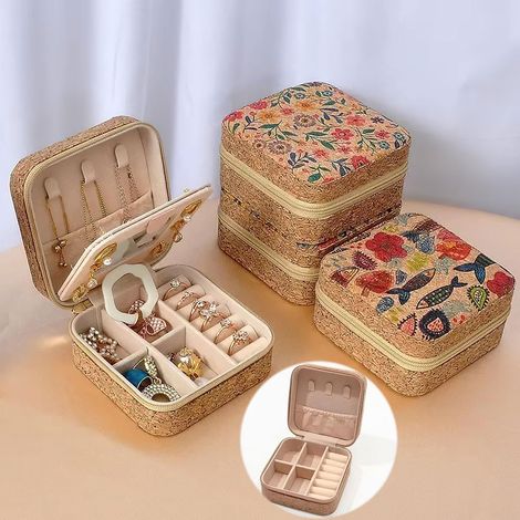 Boîte à bijoux de voyage en liège, boîte à bijoux vintage en cuir à motifs floraux et marins, boîte de rangement portable pour boucles d'oreilles, colliers et bijoux féminins. (1/4)