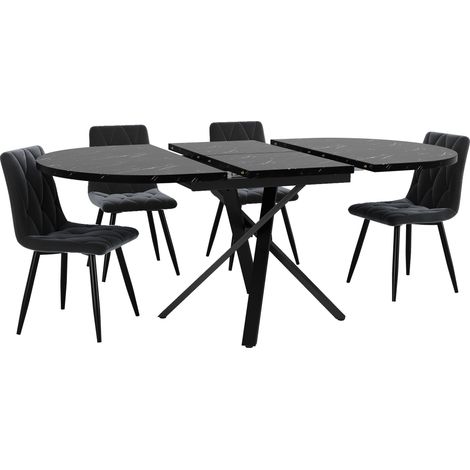 Conjunto de comedor de 5 piezas con mesa redonda extensible (100-140 cm) y 4 sillas de terciopelo negro: mesa de comedor moderna para 4-6 personas con práctica función de extensión. (1/5)