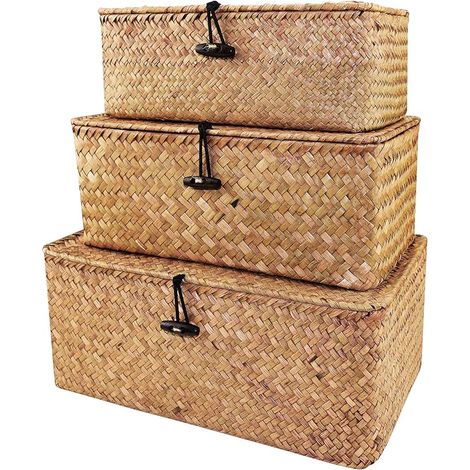 Lot de 3 paniers de rangement en rotin tressé avec couvercle, boîtes de rangement naturelles pour étagères, salle de bain, salon et cuisine (1/5)