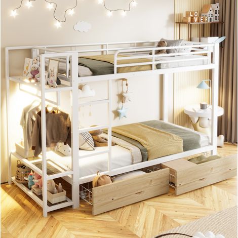 Lit superposé enfant 90x200 cm en métal blanc, avec rangement, gain de place pour chambre FloraGrace (1/5)