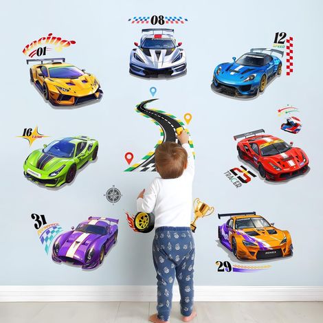 Stickers Muraux Voitures de Course Autocollant Mural Véhicules Trophées Vinyle Amovible Art Mural pour Chambre de Garçons Enfants Salle de Jeux Décoration Murale (1/5)