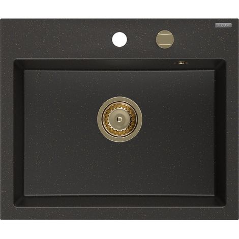 Mexen Oscar évier en granit 1 bac 580 x 490 mm, noir/doré métallisé, siphon doré - 6519581000-75-G (1/5)