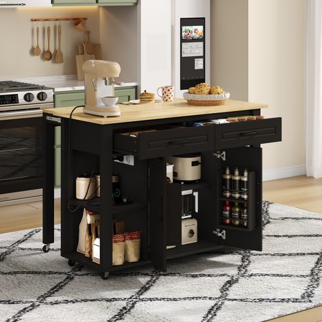 REDOM Desserte de cuisine 120x77x93 cm plateau extensible avec prise, 2 tiroirs, 2 portes avec étagères, MDF, noir et naturel