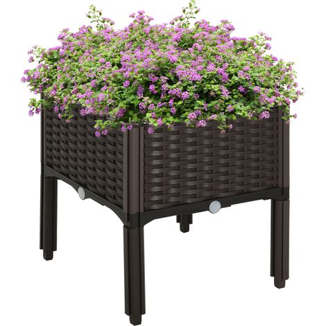 Outsunny Hochbeet, Pflanzkasten mit Abflusslöchern, Blumenkasten im Rattan-Look, Kunststoff, Braun, 40 x 40 x 44 cm
