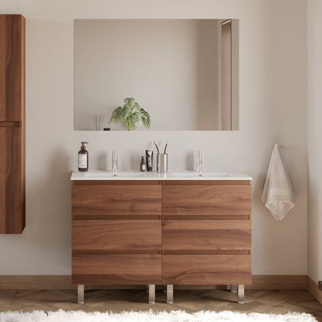 Meuble de salle de bain 140cm double vasque - 6 tiroirs - noyer (bois foncé) - MAYOR