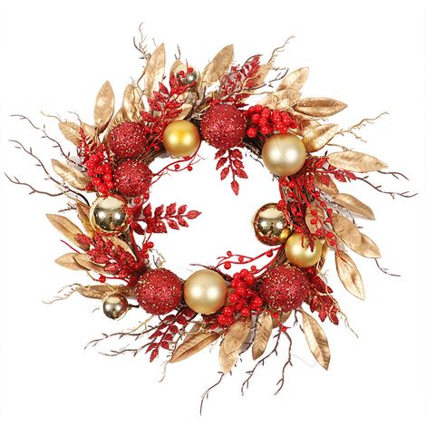 Künstlicher Weihnachtskranz (45 cm Durchmesser) mit Beeren und roten/goldenen Kugeln – ideal als Dekoration für Haustür und Zuhause. (1/2)