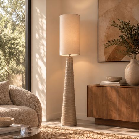 Lampadaire rond 30x180 cm en tissu et céramique taupe (1/3)