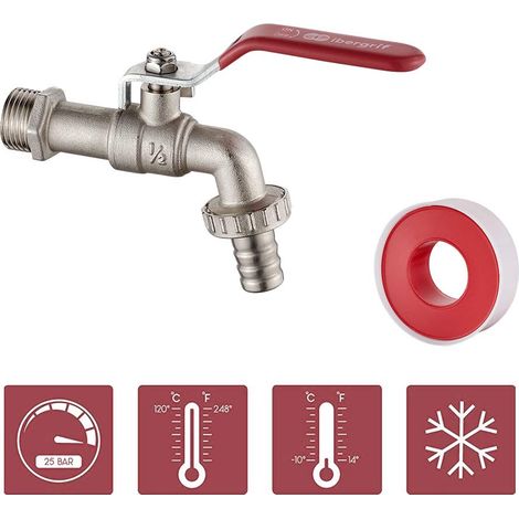 Robinet de jardin extérieur 1/2" – Robinet de jardin avec adaptateur, antigel jusqu'à -10 °C, résistant aux hautes températures (120 °C), inoxydable, robinet d'arrosage à boisseau sphérique, en laiton (1/3)