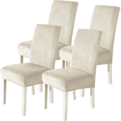 4-Piece Velvet Chair Cover Set, Universal Stretch Dining Chair Cover, Thick Protective Chair Cover for Hotel, Restaurant, Banquet, Kitchen, Beige (1/5)