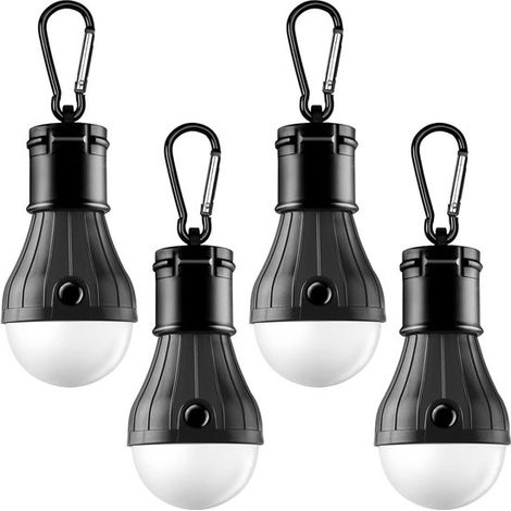 Confezione da 4 luci LED portatili per tenda, impermeabili, ideali per campeggio, con moschettone e funzione di emergenza. Funzionano a batteria e sono realizzate in materiale ABS, perfette per l'escu (1/5)
