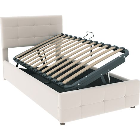 Letto imbottito 90 x 200 cm con contenitore idraulico, testiera regolabile, velluto beige (1/5)