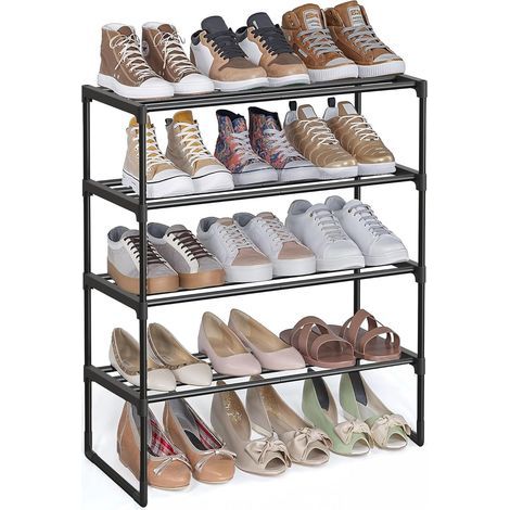 Four-tier shoe rack, black metal, holds 15 pairs, stackable, for hallway (1/5)