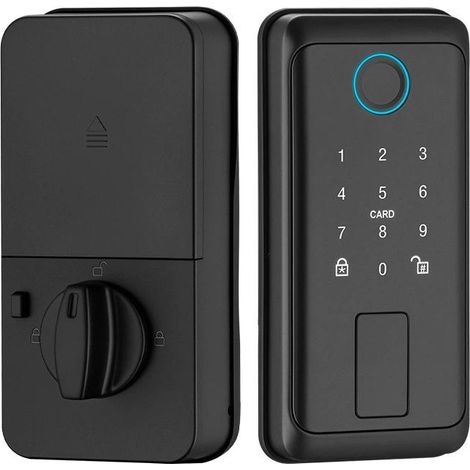 Cerradura inteligente con huella dactilar para puertas de madera de 35-55 mm, acceso mediante código y tarjeta RFID, con cierre de seguridad. (1/3)