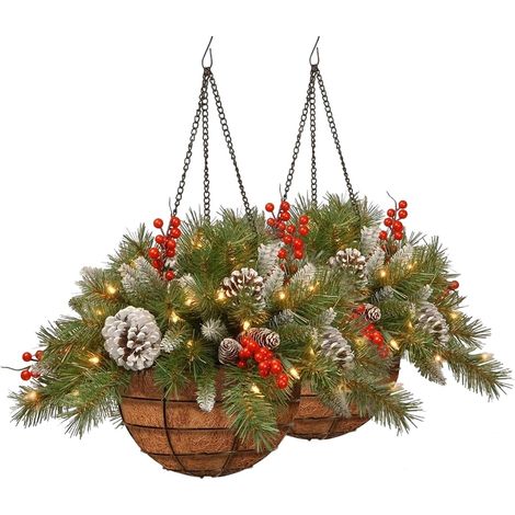 Lot de 2 paniers de Noël à suspendre pré-éclairés pour l'extérieur, paniers de Noël à suspendre avec lumières LED, décorations de Noël artificielles avec pommes de pin et baies de 40 cm (1/5)