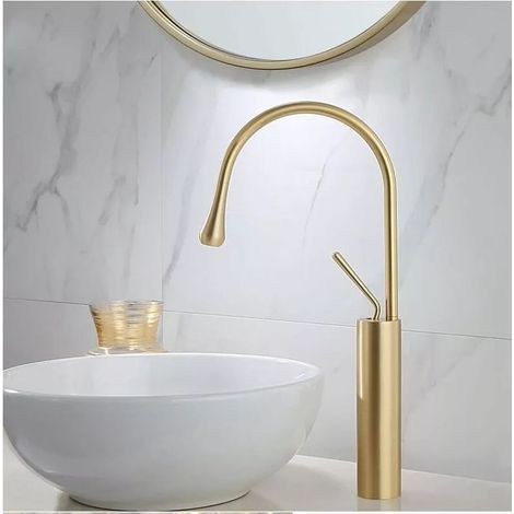Gold brushed brass waterfall faucet – Hot and cold water – Corrosion resistant – Easy installation – Hose included (1/5)