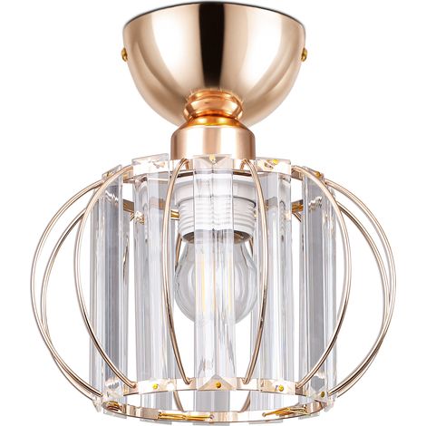 Plafonnier cristal E27, lustre cage métal 20x19 cm, 60 W max, sans ampoule, lampe de plafond pour entrée, chambre, couloir - Doré (1/5)