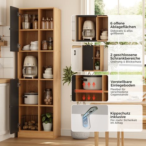 Meuble d'angle cuisine, placard haut avec 6 tablettes ouvertes, 2 battants et étagères ajustables, rangement étroit pour pièce à vivre, système anti-chute, 50 x 35,5 x 170 cm, gris anthracite/bois chê (1/5)