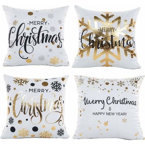 Pillow Case, Set of 4 Cotton Linen Christmas Snowflake Print Square Cushion Cover for Bed Car Bed Home Sofa 45 x 45 cm (Set-B)