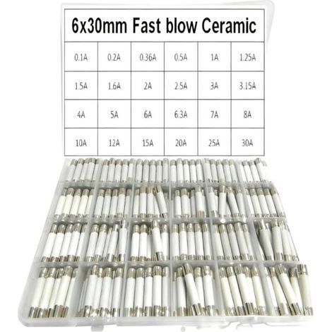 Confezione da 240 fusibili a tubo ceramico a fusione rapida, 6 x 30 mm, 0,1 A-30 A, 250 V - Fusibili misti per impianti HVAC domestici britannici per dispositivi elettronici (1/5)