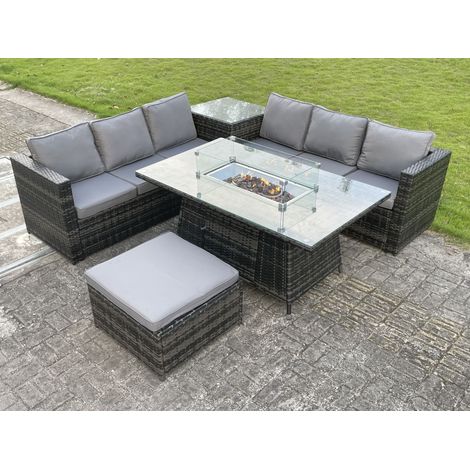 Fimous Outdoor PE Rattan Garten Eck Möbel Gas Feuer Grube Tisch Sets Gas Heizung Lounge Großer Fußhocker Dunkelgrau 7 Sitzer (1/4)