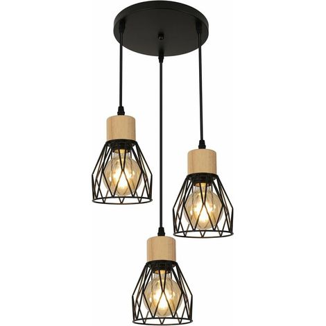 Suspension Cuisine Industrielle Lustre Noir en Fer avec Abat-Jour Cage Luminaire Plafonnier E27 Réglable en Hauteur Diamètre 12 cm 3 Lumières(Ampoule Non Incluse) (1/5)