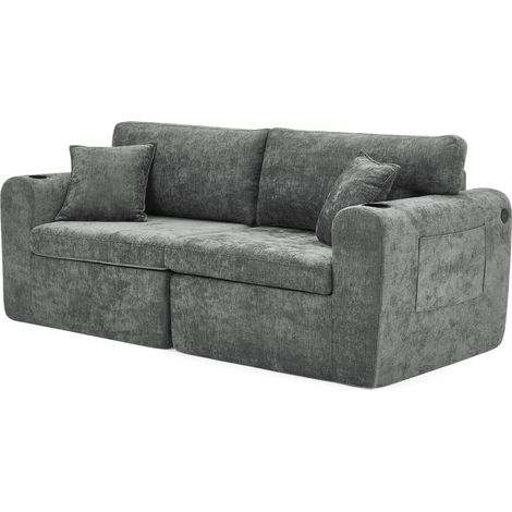 Canapé 2 places en chenille avec porte-revues latéral, porte-boisson et coussins, design compact gris (1/5)