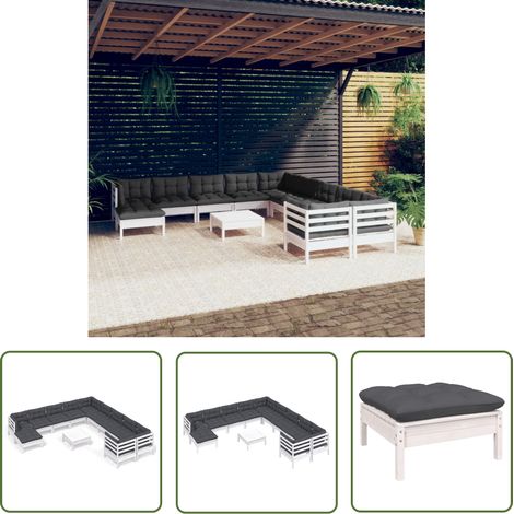 The Living Store Salon de jardin 12 pcs avec coussins blanc bois de pin - Ensemble Salon De Jardin - Mobilier De Jardin - Salon De Patio - Meubles De Jardin - Bois De Pin (1/5)