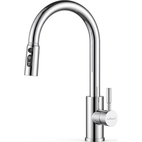 APPASO Kitchen Tap Mixer with Pull Out Spray, Chrome Kitchen Mixer Tap with 3 Spary Modes, Single Handle Kitchen Sink Taps Stainless Steel Chrome-Double Broom (1/5)