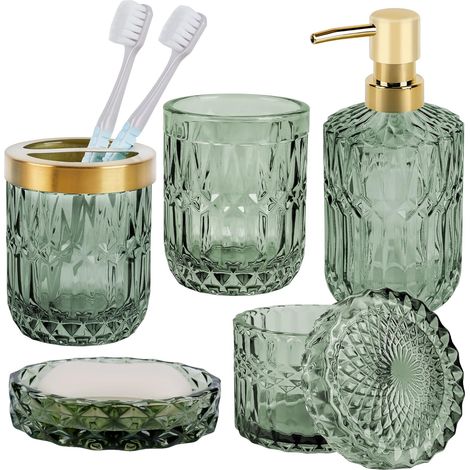 Lot de 5 Accessoires de Salle de Bain en Verre Vert, Distributeur de Savon, Porte-Brosse à Dents, Porte-Savon pour Maison et Hôtel