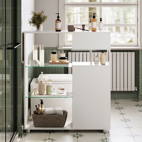 SONNI Badezimmerschrank weiß, mit berührungsgesteuerter LED-Beleuchtung, 3 Schubladen und offenen Fächern, 1000 × 260 × 1160 mm (1/5)