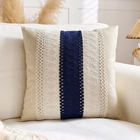 Taie d'oreiller simple blanche à fond bleu marine, 45 x 45 cm Taies d'oreiller en coton et lin, coussins de tête de lit, taies d'oreiller pour salon (modèle d'exposition), taies d'oreiller pour canapé (1/5)