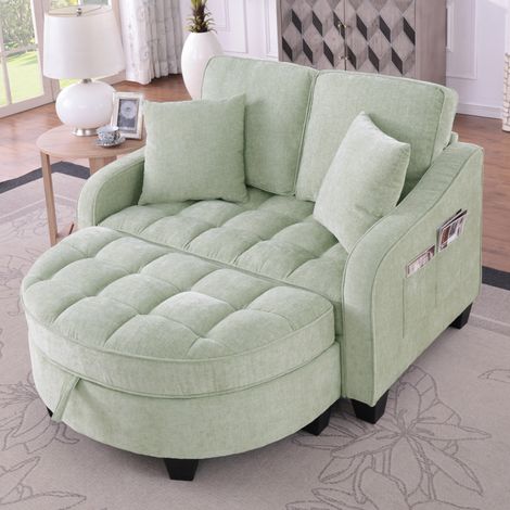 Canapé convertible 132x129x93 cm cyan en bois d'eucalyptus avec pouf de rangement (1/5)